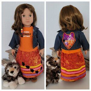 New OOAK " Every Child Matters" 18 Inch Doll, Custom Ribbon Skirt & Wolf Pup